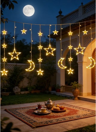 135 ليد أضواء رمضان ، نجمة القمر رمضان ديكورات مع البعيد و الطاقة المزدوجة (البطارية / أوسب) ، الدافئة الأبيض الستار أضواء للمنزل عطلة حزب ديكور - view 2